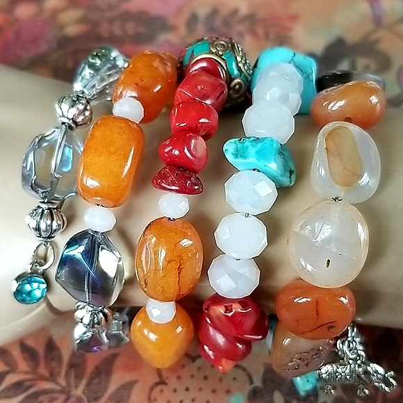 Hand Crafted Boho Beaded Agate, Coral, Turquoise and Amber Wrap Bracelet - Picture 13 of 16